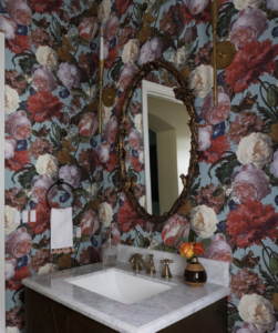The Powder Room with Wallpaper Printed with Roses 